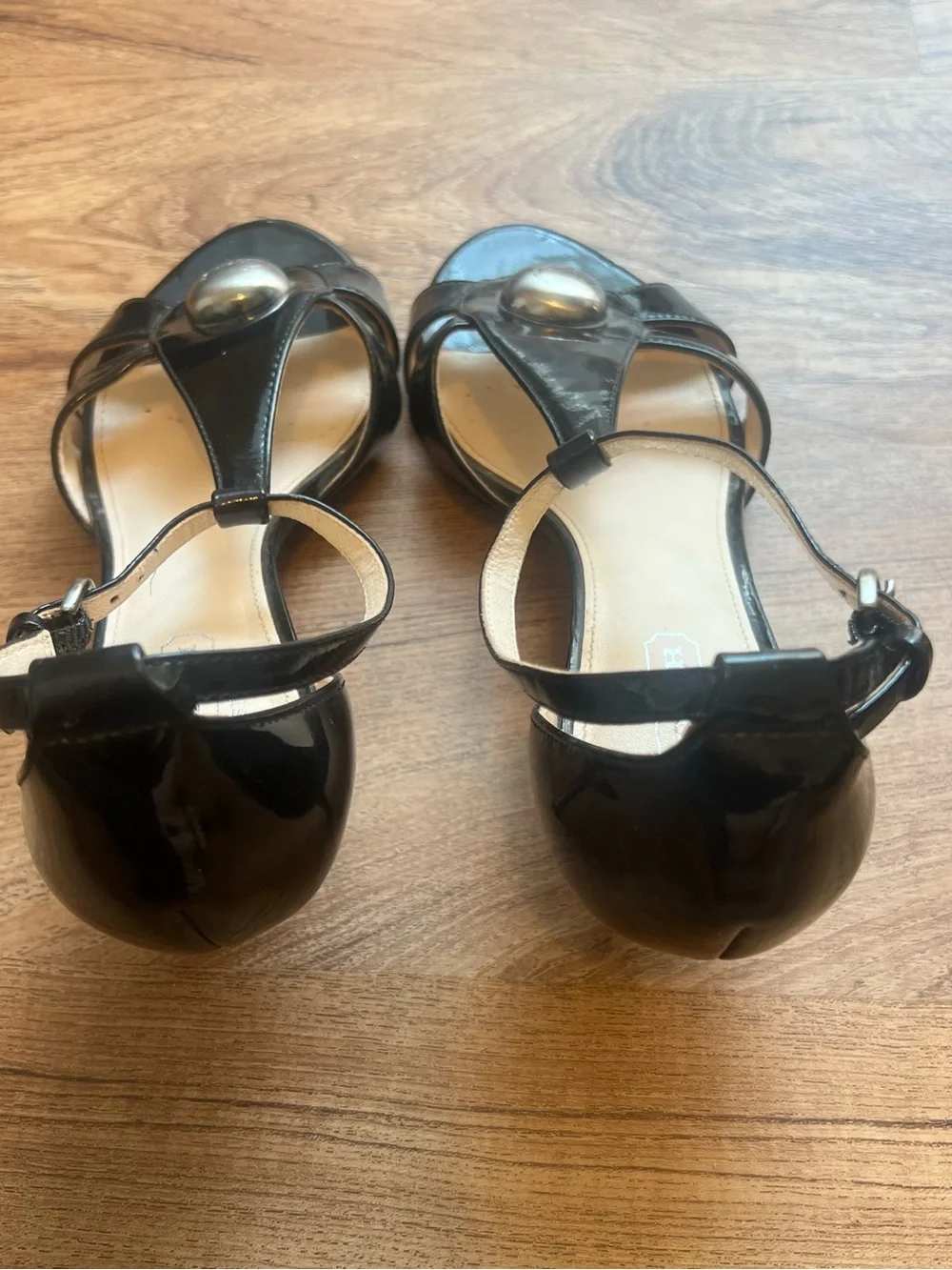 Vintage Coach Black Patent Leather T-Strap Heels with Silver Medallion